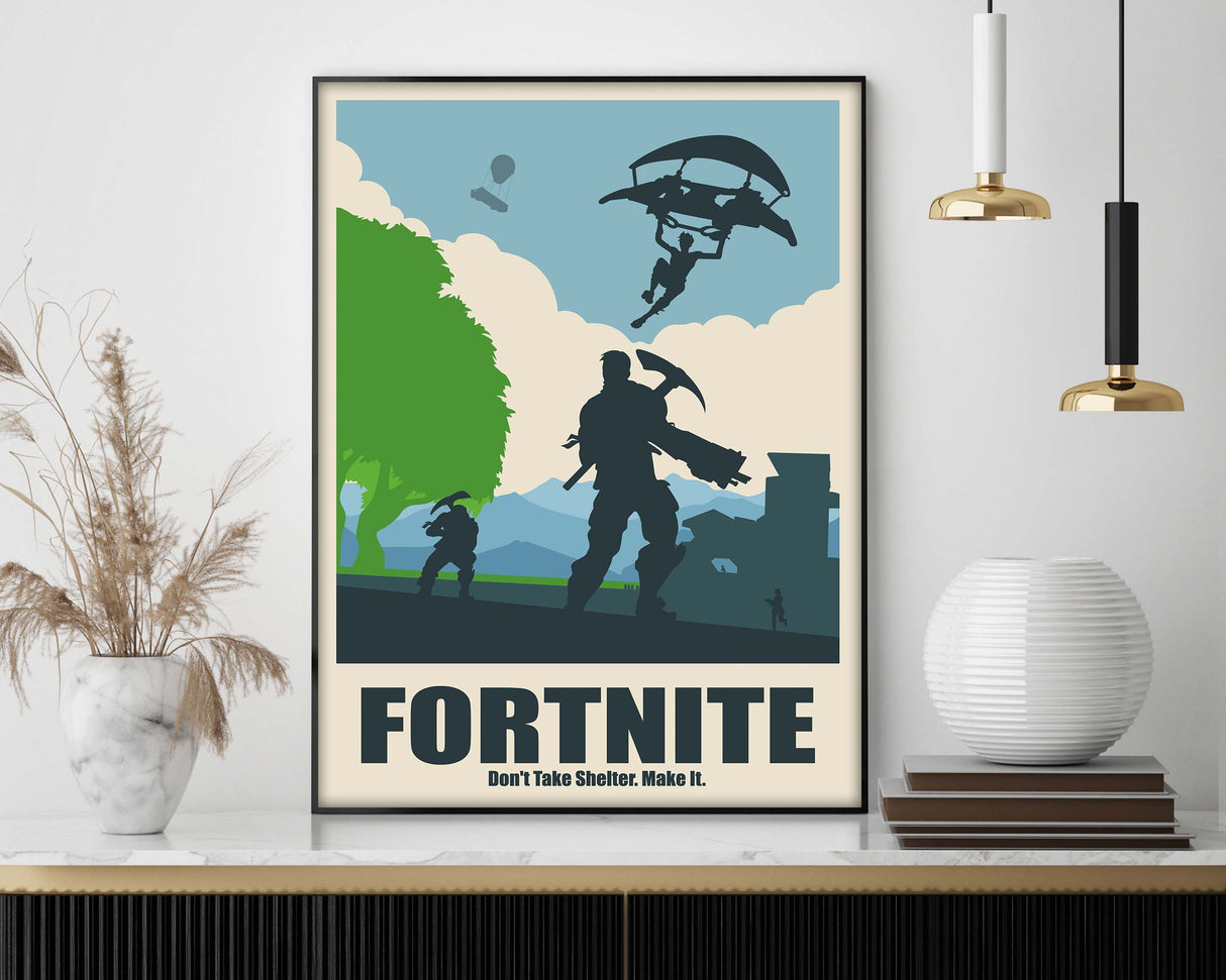 fortnite poster in a bedroom on a desk
