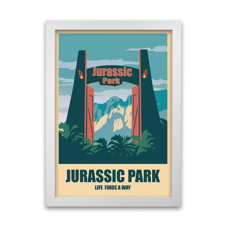 jurassic park poster in a white frame